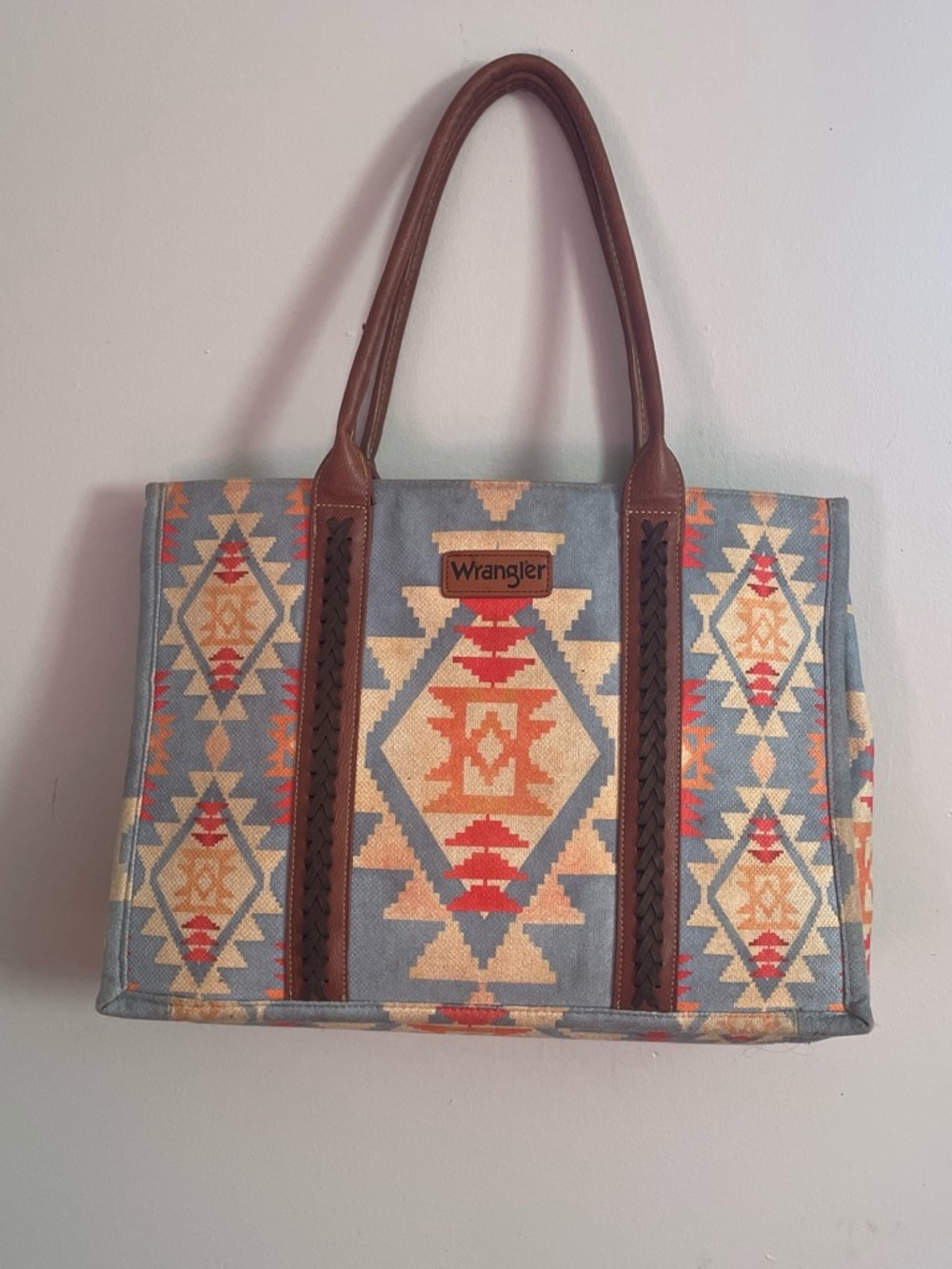 Wrangler Blue Multicolor Aztec Canvas Tote with Brown Handles